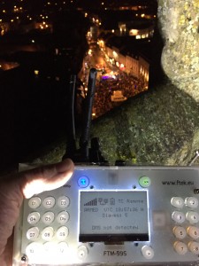 Looking down from church tower towards stage.